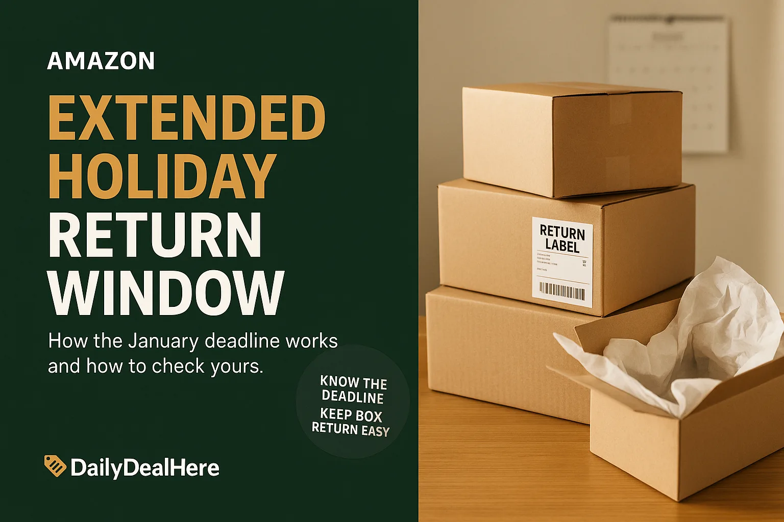 Stack of return packages with a return label and an open gift box beside a calendar