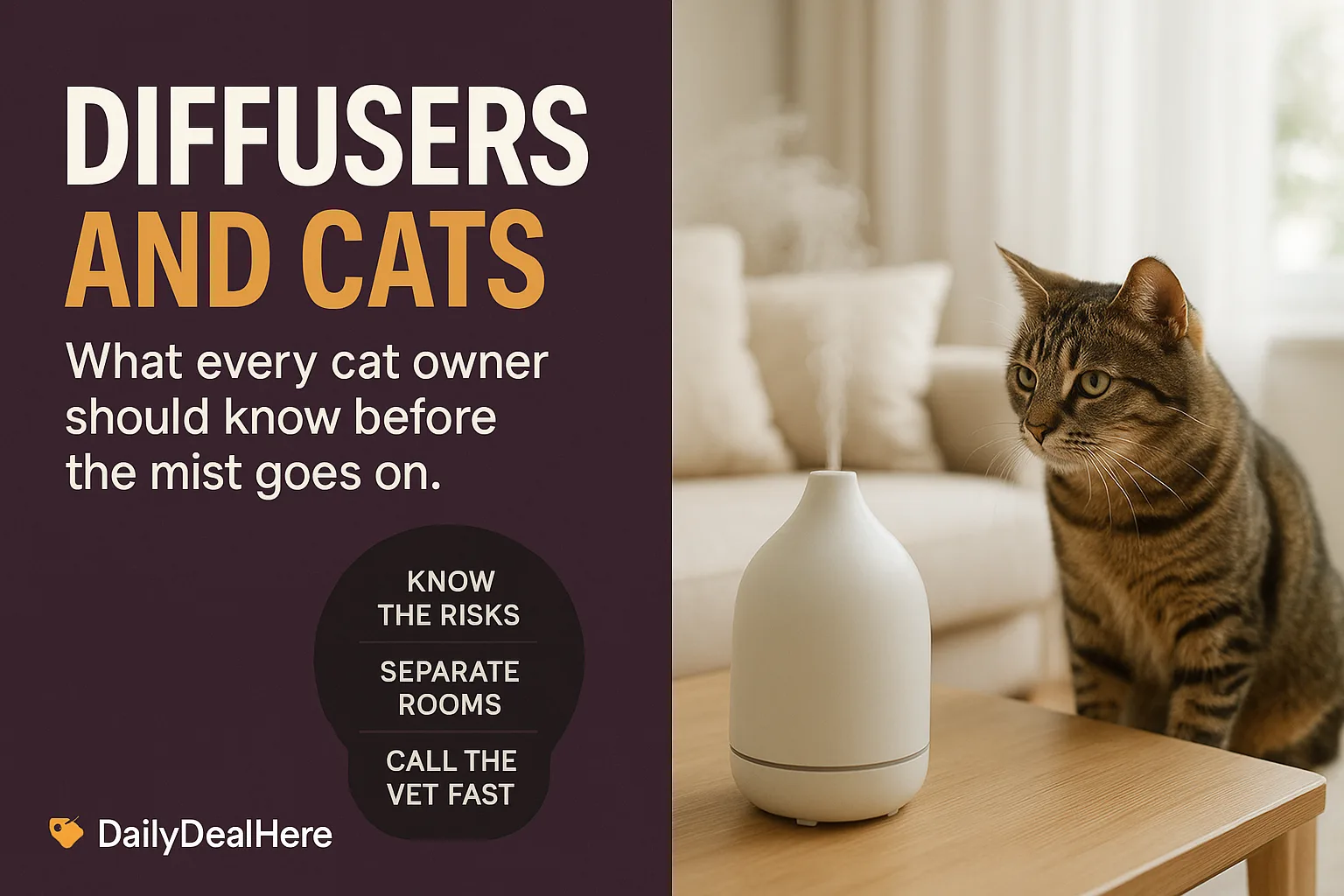 Tabby cat watching an aroma diffuser releasing mist from across a living room
