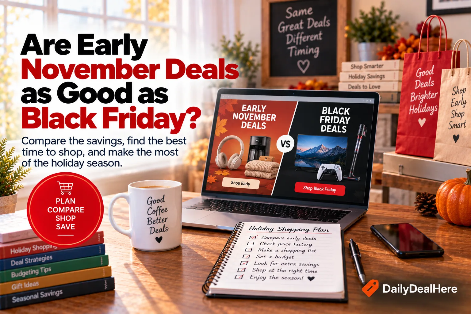 Laptop showing early November deals beside Black Friday deals with a holiday shopping plan