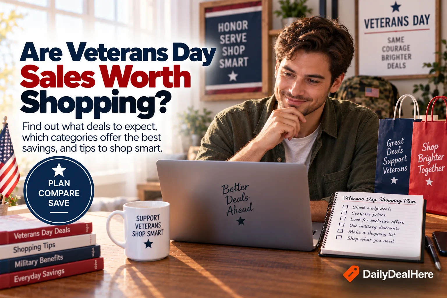 Veterans Day shopping plan in a notebook beside a laptop and shopping bags
