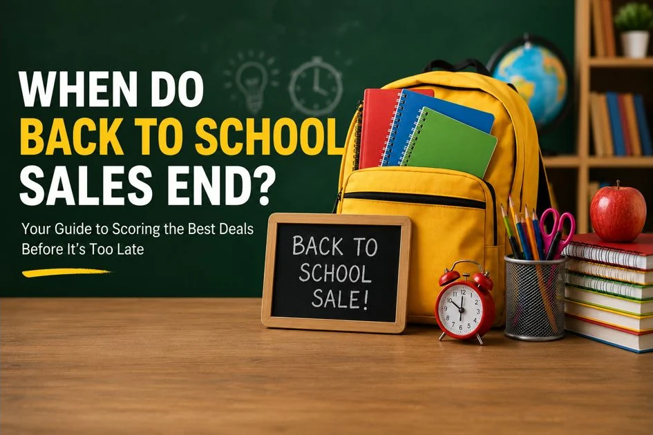Back to school supplies with a yellow backpack and a back to school sale sign