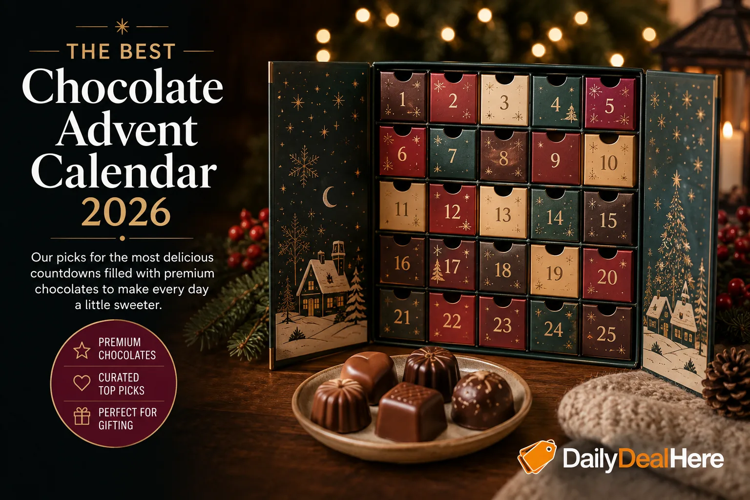 Open chocolate advent calendar with numbered festive drawers next to a plate of premium chocolates