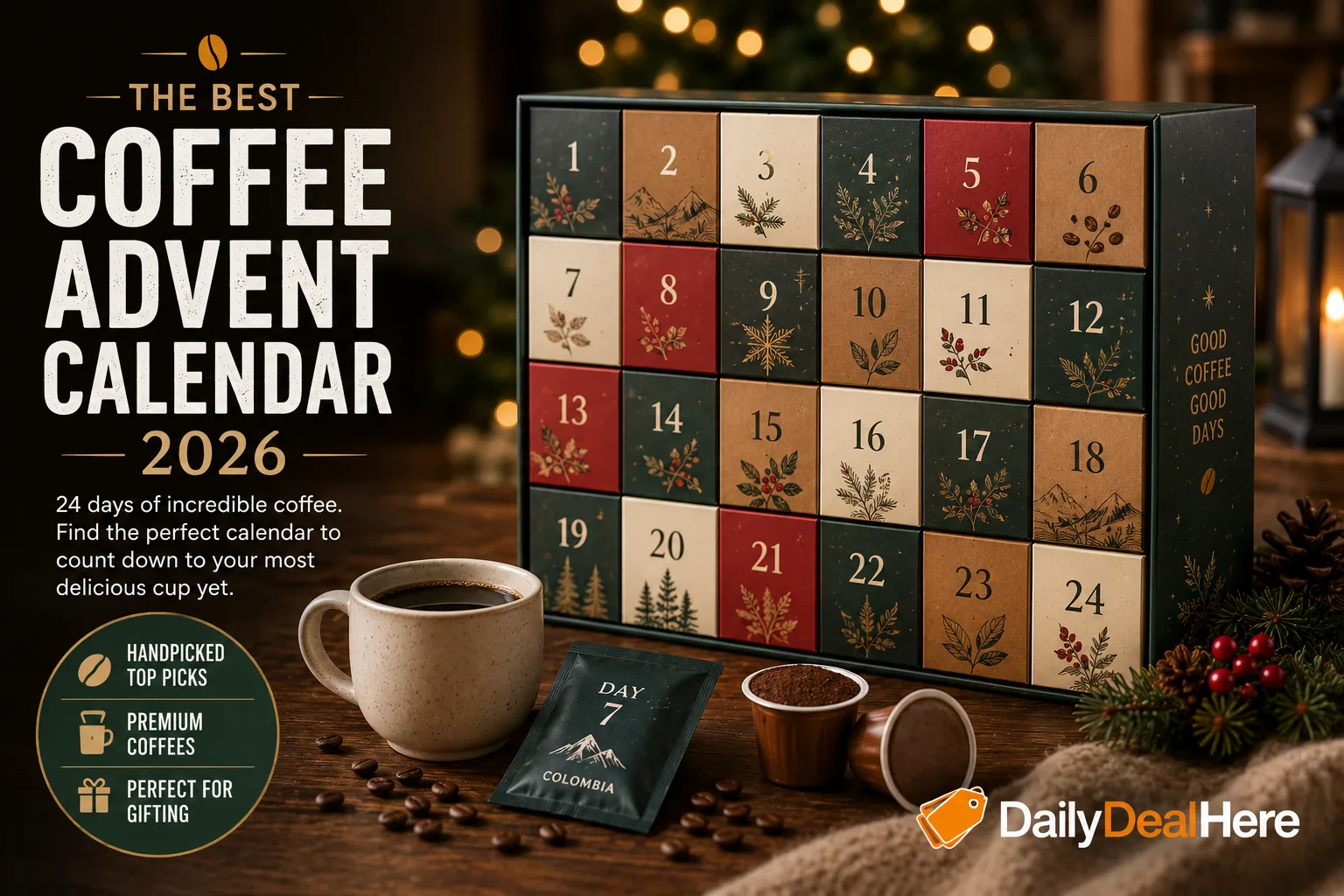 Coffee advent calendar with 24 numbered festive boxes beside a mug of black coffee and a Day 7 Colombia sachet