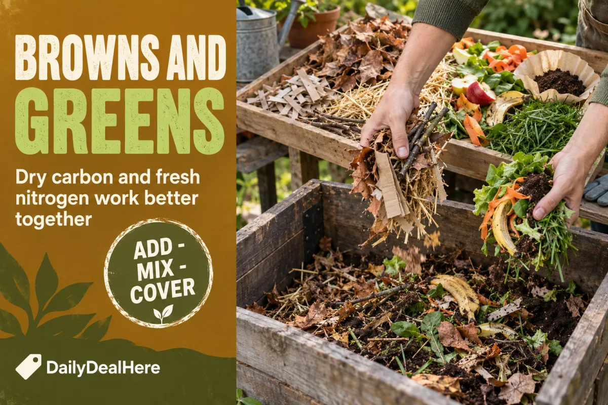 Browns and greens: dry leaves and cardboard added alongside fresh vegetable scraps in a wooden compost bin