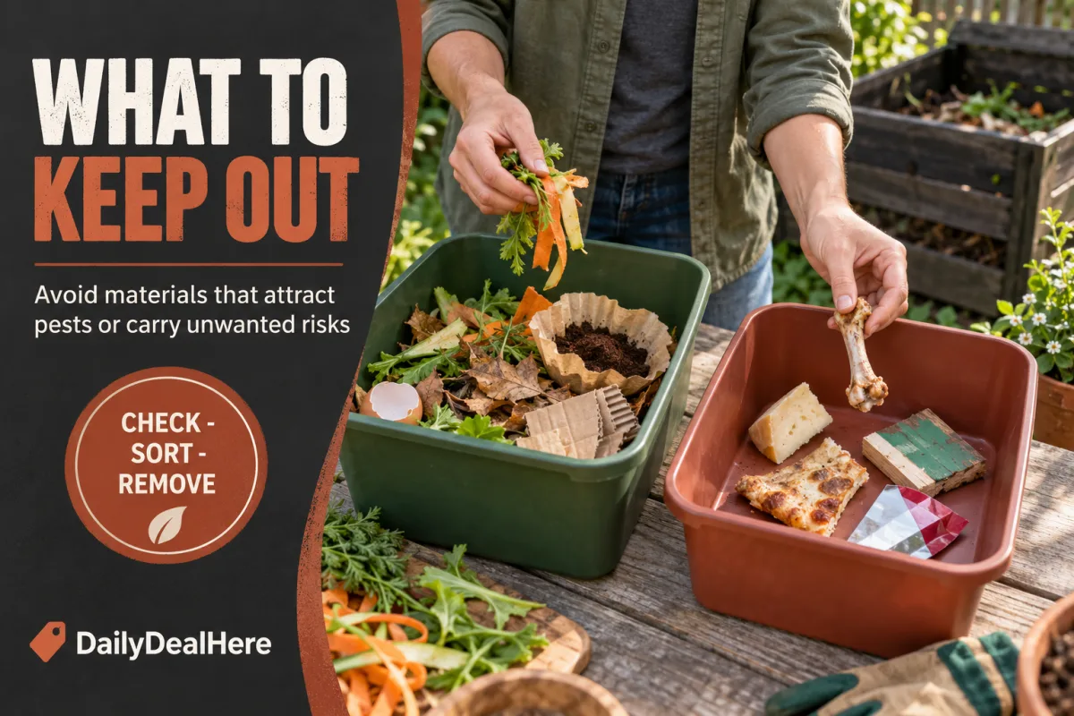What to keep out of compost: vegetable scraps in one bin and meat, bones, greasy food and glossy paper sorted into another