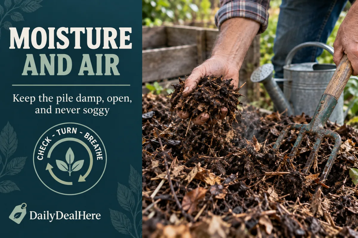 Moisture and air: a gardener squeezing a handful of damp compost next to a garden fork and watering can