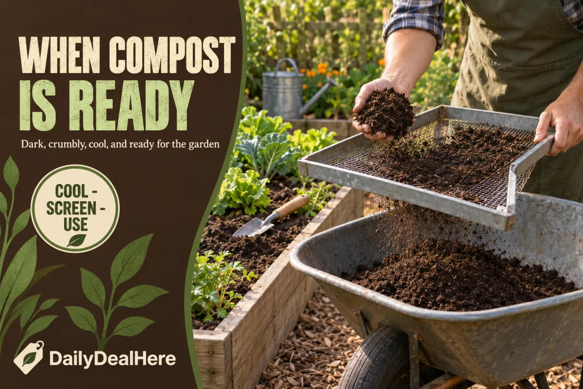Finished compost: dark, crumbly compost sifted through a screen into a wheelbarrow beside a raised bed