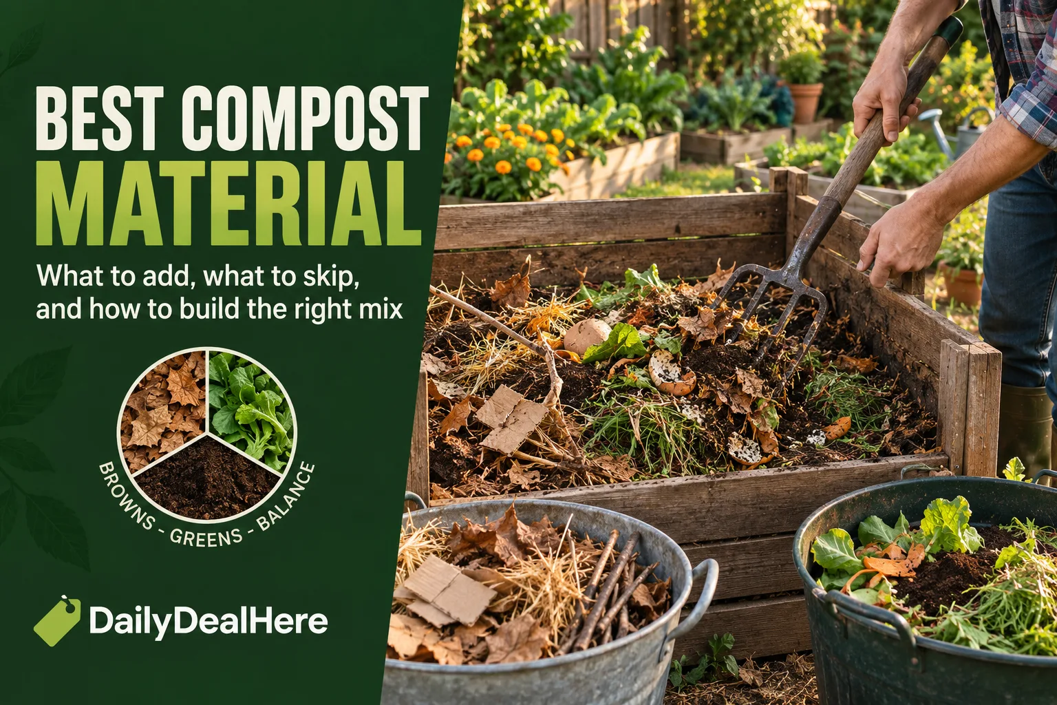 Best compost material: a backyard compost bin with brown leaves and cardboard, green kitchen scraps and a gardener turning the pile