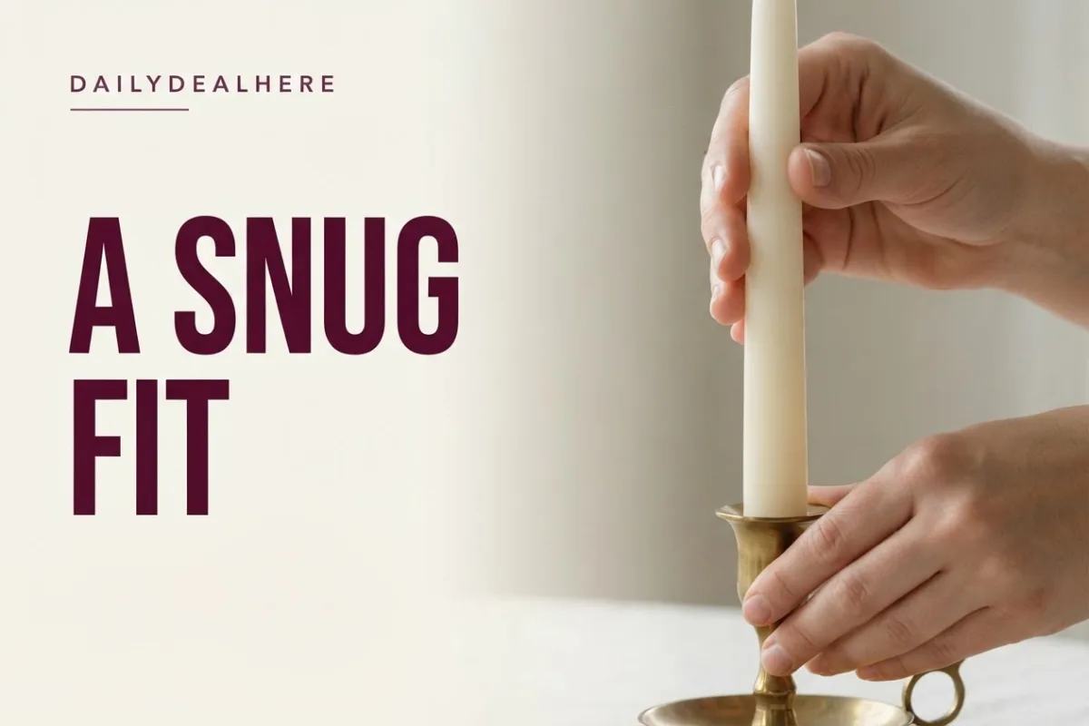 Hands pressing a taper candle straight into a brass holder