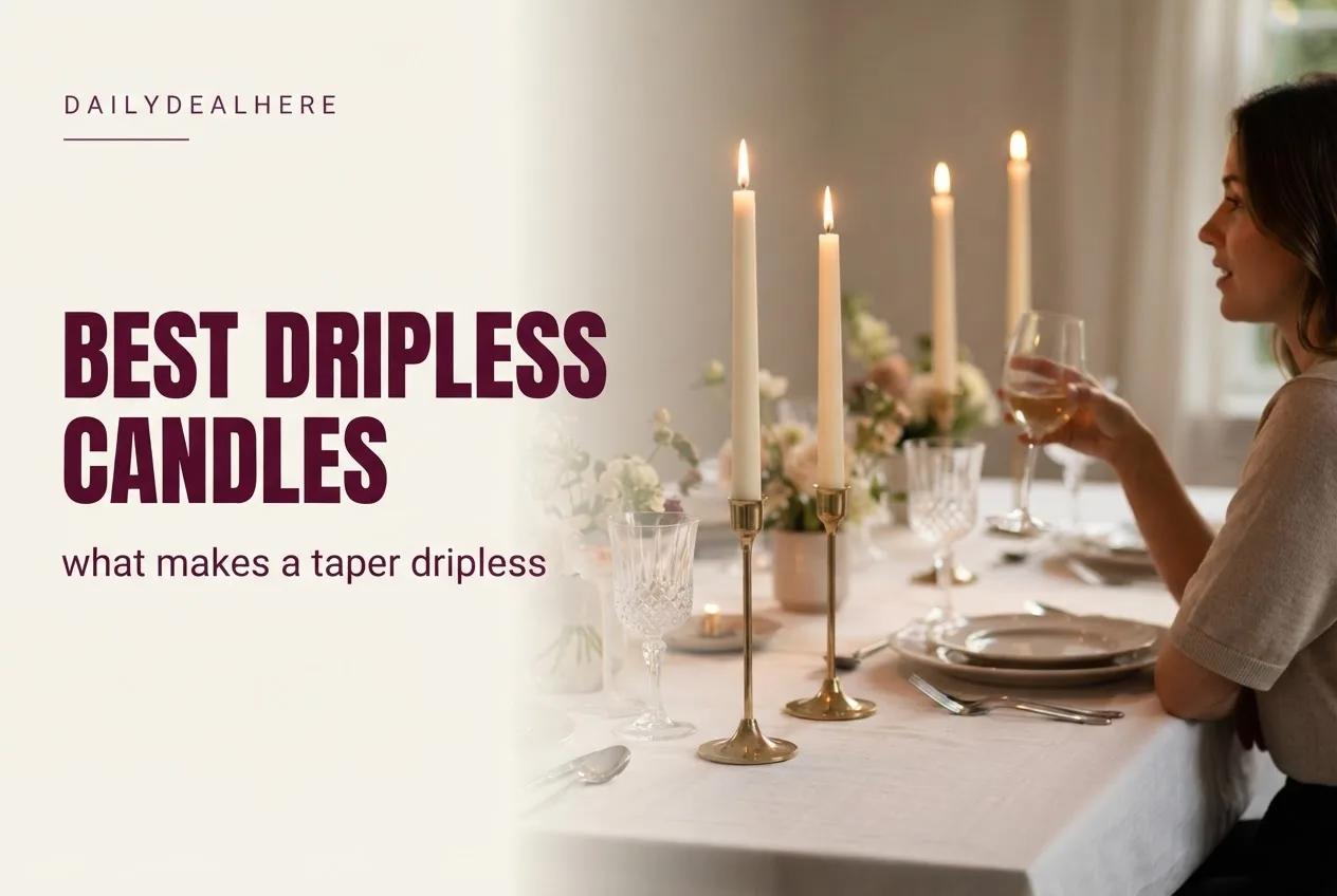 Ivory taper candles burning in brass holders on a linen tablecloth