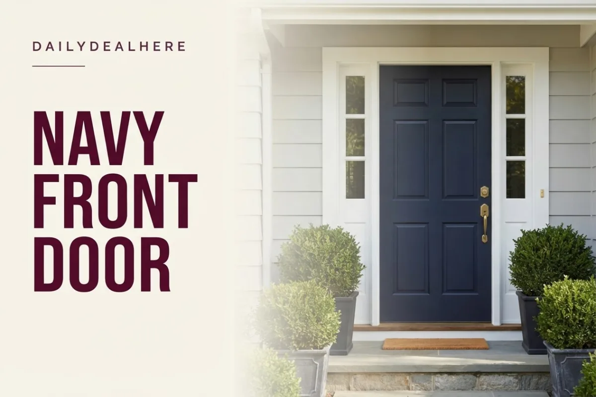 Navy front door with brass hardware and potted boxwoods