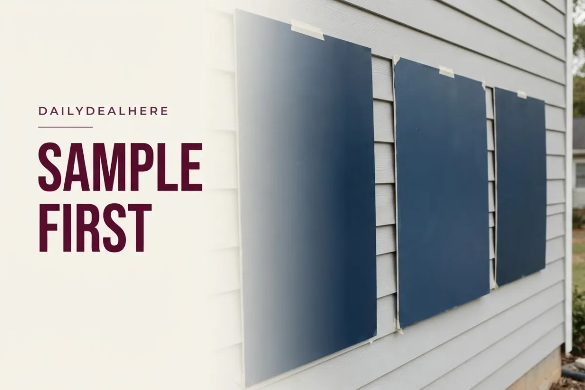Navy paint sample boards taped to house siding