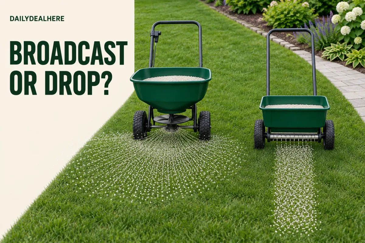 Broadcast or drop: a broadcast spreader throwing granules in a wide fan next to a drop spreader laying a narrow band on the lawn