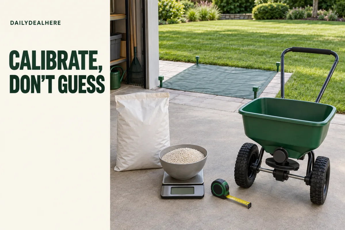 Calibrate, don't guess: fertilizer weighed on a kitchen scale beside a spreader, a tarp and a tape measure in a garage