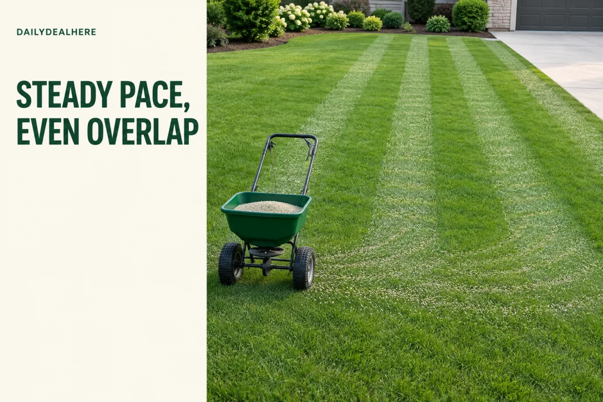 Steady pace, even overlap: a broadcast spreader making evenly spaced passes across a lawn