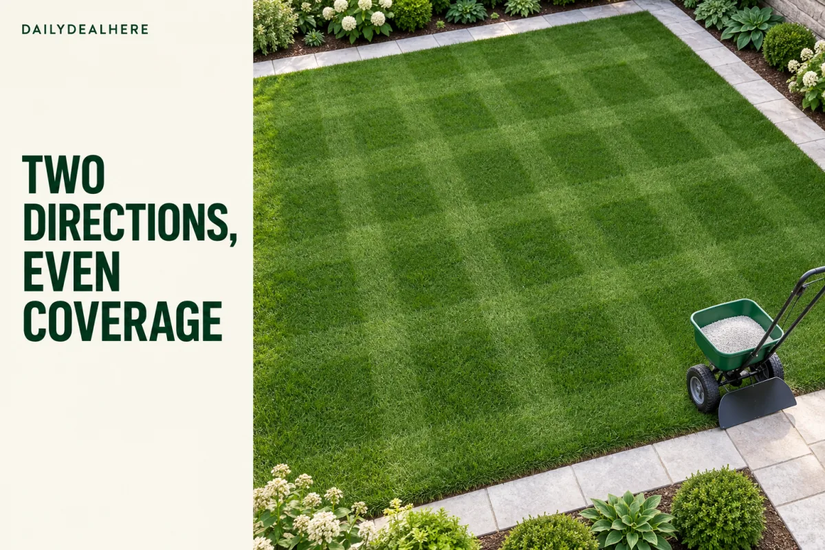 Two directions, even coverage: a lawn showing a crosshatch pattern from passes made at right angles
