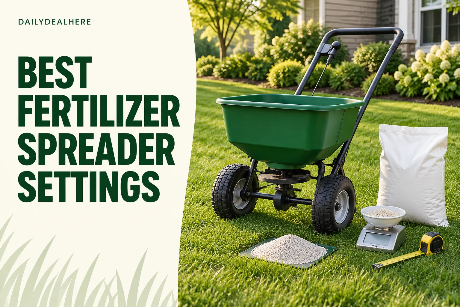 Best fertilizer spreader settings: a green broadcast spreader on a lawn beside a fertilizer bag, kitchen scale and tape measure