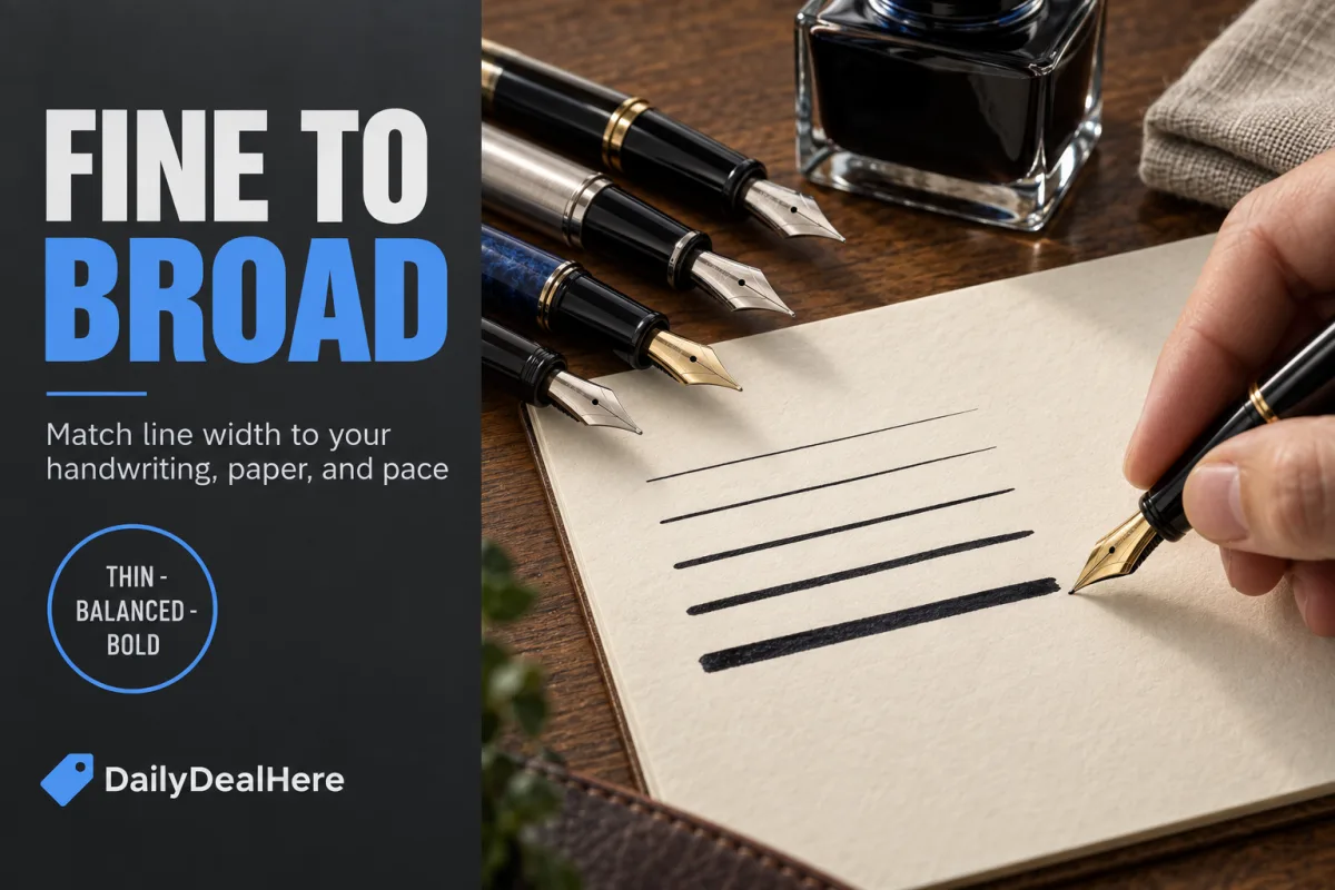 Fine to broad: fountain pens drawing lines of increasing width on a writing pad