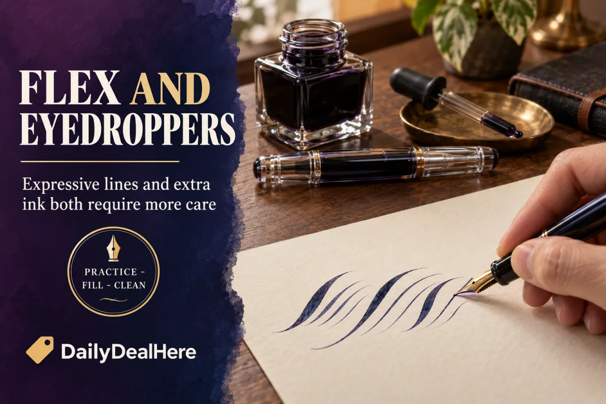 Flex and eyedroppers: a flex nib writing thick and thin strokes beside an eyedropper pen and a bottle of purple ink