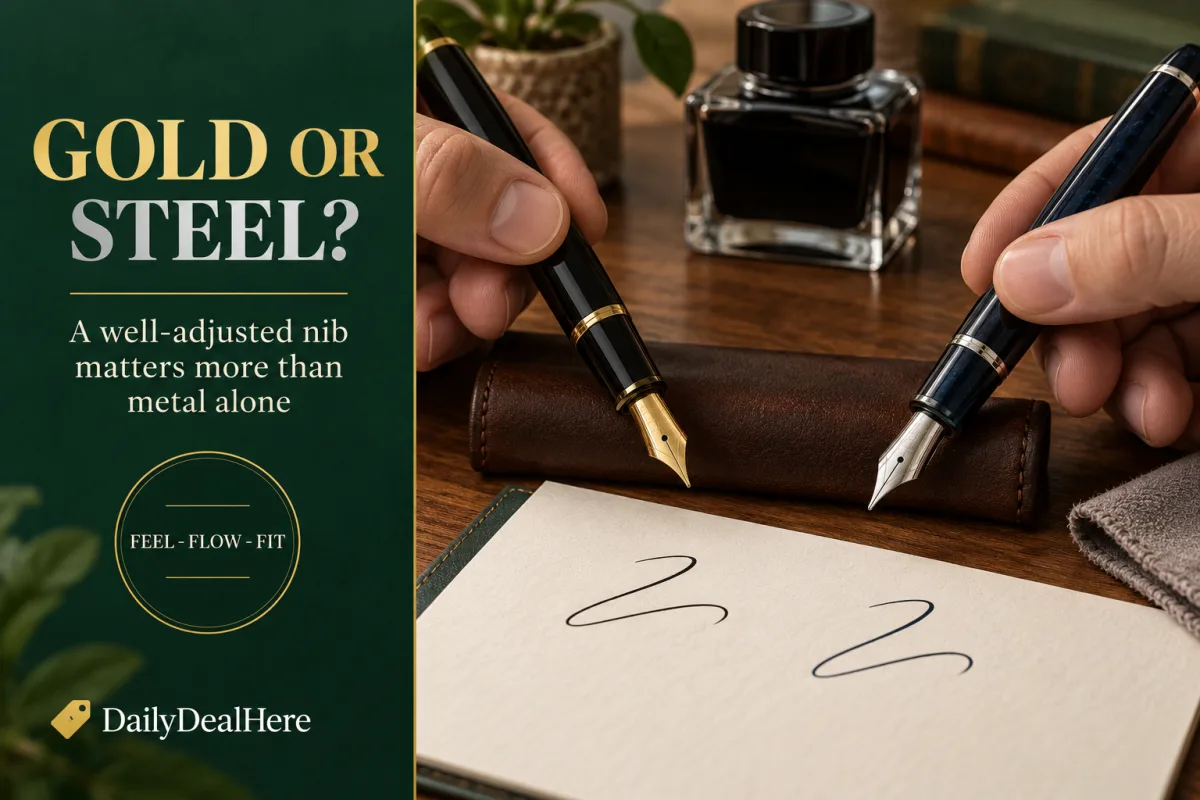 Gold or steel: a gold nib and a steel nib writing side by side on the same notebook page