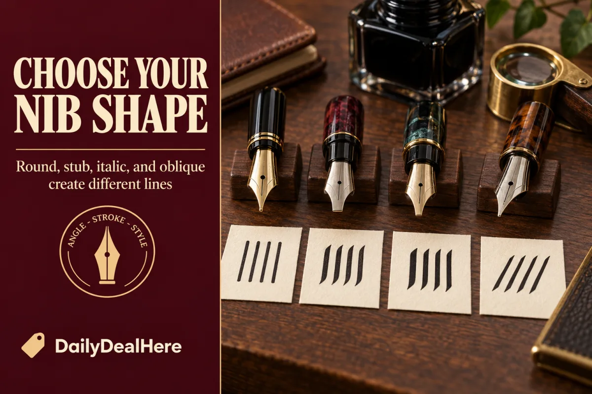 Choose your nib shape: four fountain pens on a stand above sample cards showing round, stub, italic and oblique strokes