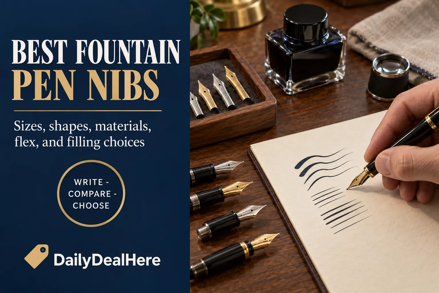 Best fountain pen nibs: a hand writing with a fountain pen beside an ink bottle, spare nibs in a tray and sample strokes on cream paper