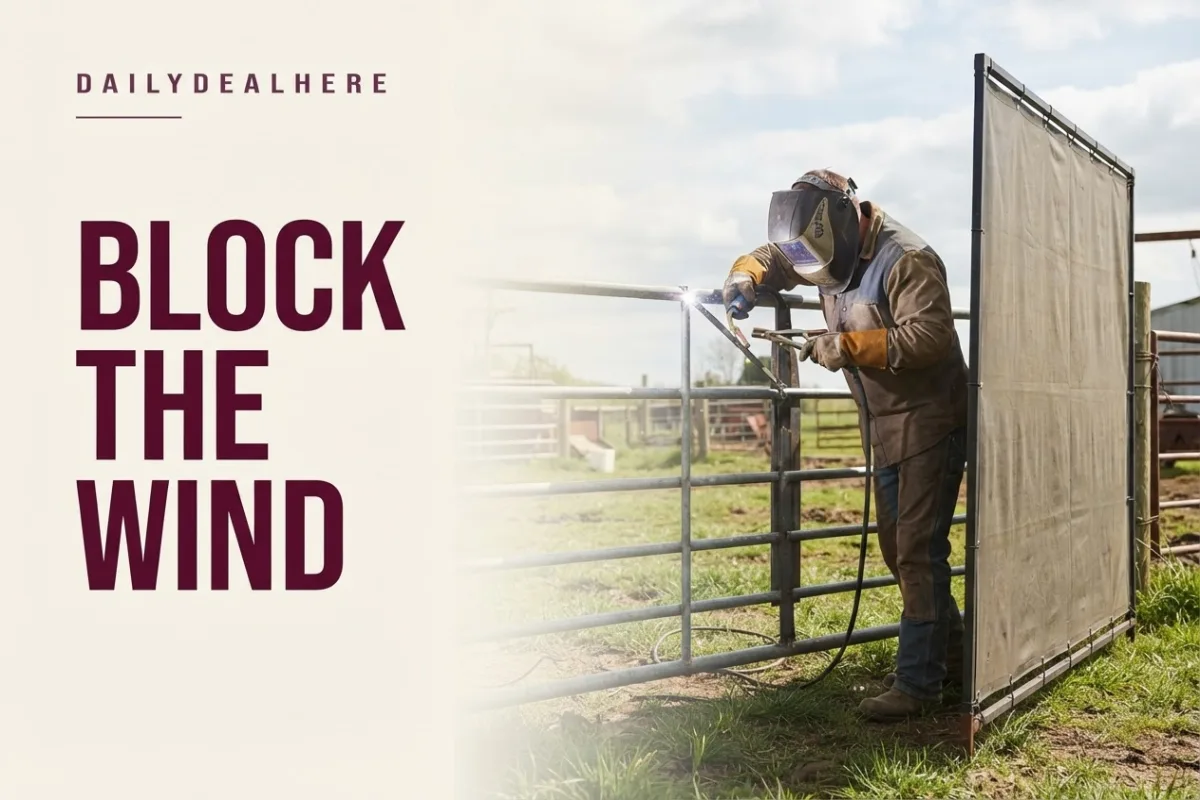 Welder working outdoors behind a fabric wind screen