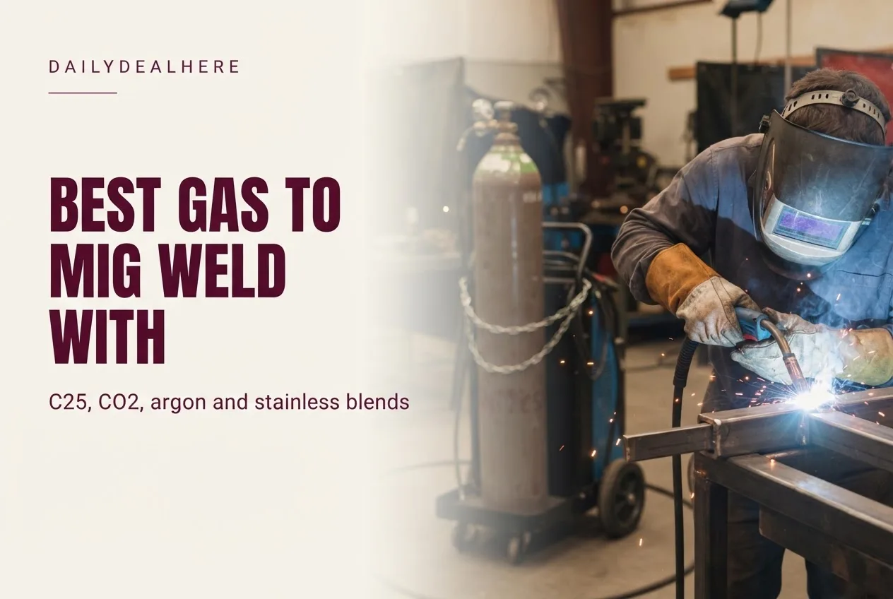 Welder MIG welding steel with a gas cylinder on a cart behind