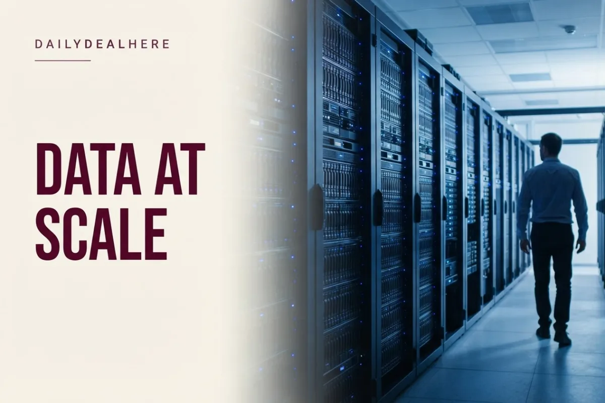 Data center aisle with racks of hard drive bays