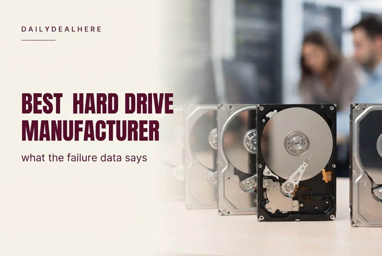 Row of hard drives with one opened to show the platter
