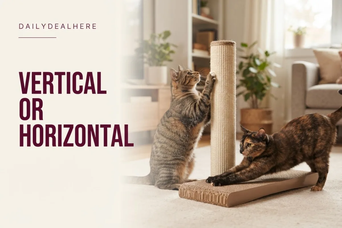 One cat on a vertical post and another on a horizontal scratcher