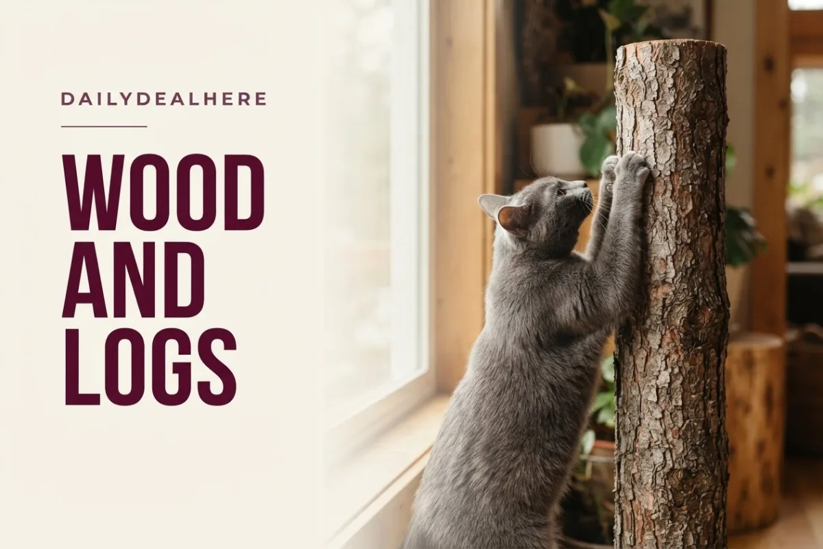 Cat scratching a bark-covered log post