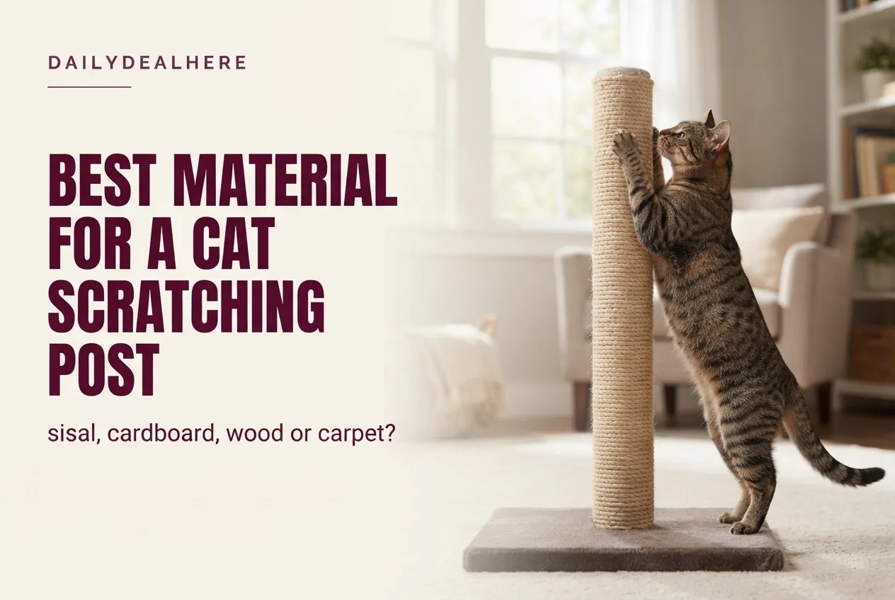 Tabby cat stretching on a tall sisal scratching post