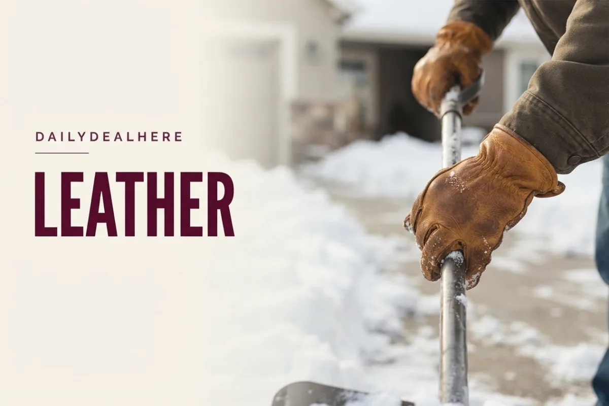 Leather work gloves gripping a snow shovel