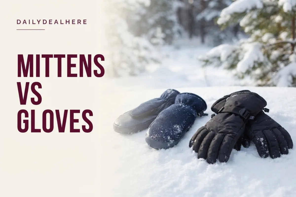 Insulated mittens beside insulated gloves on fresh snow