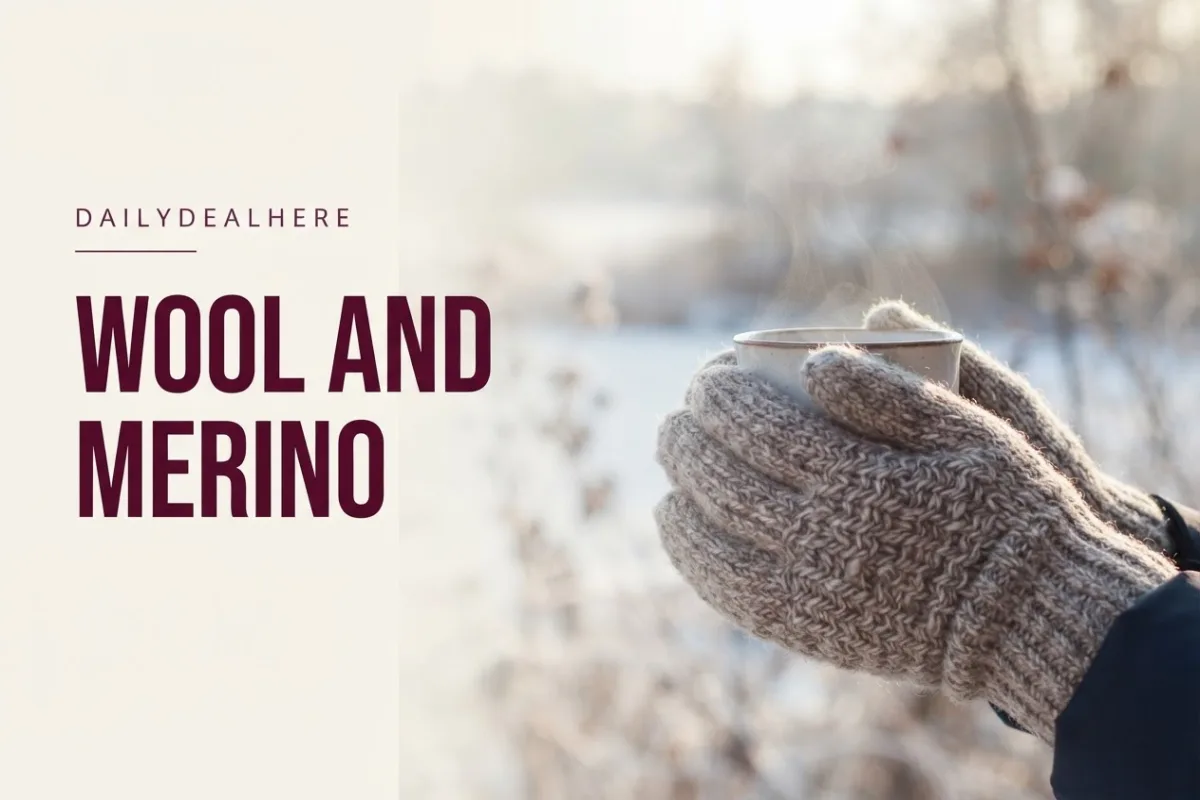 Hands in knit wool gloves holding a hot mug outdoors