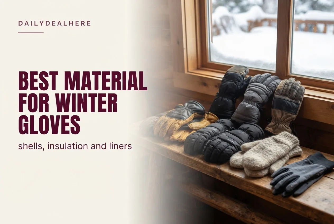 Leather gloves, ski gloves, wool mittens and liners on a wooden bench