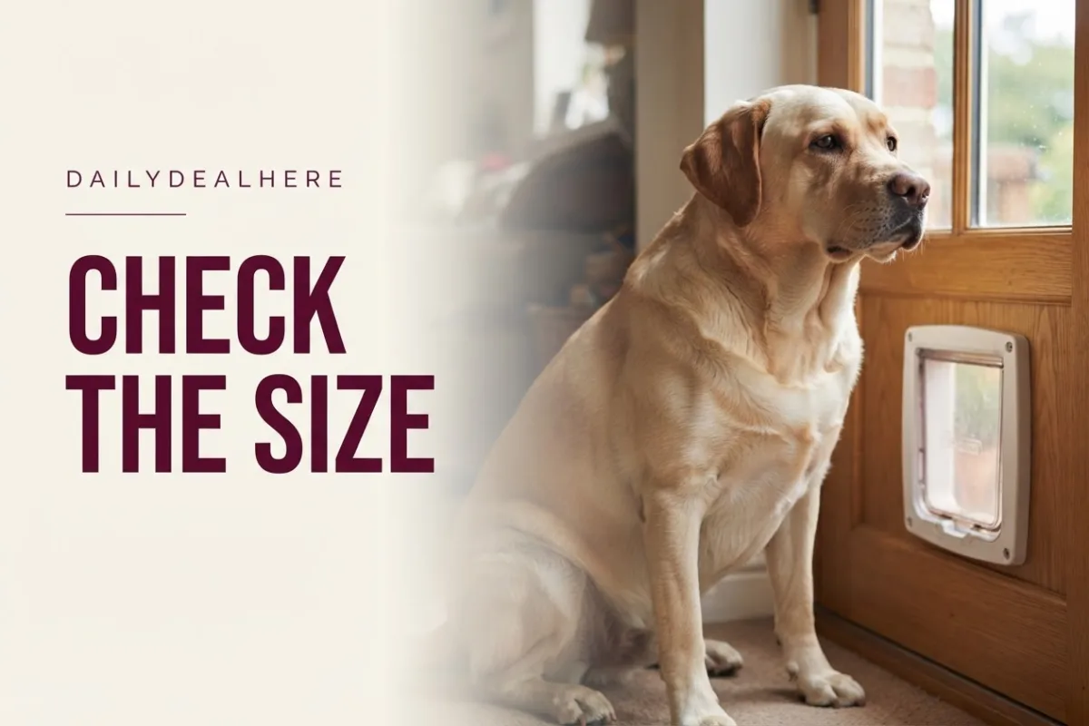 Labrador sitting beside a pet flap that is too small for it