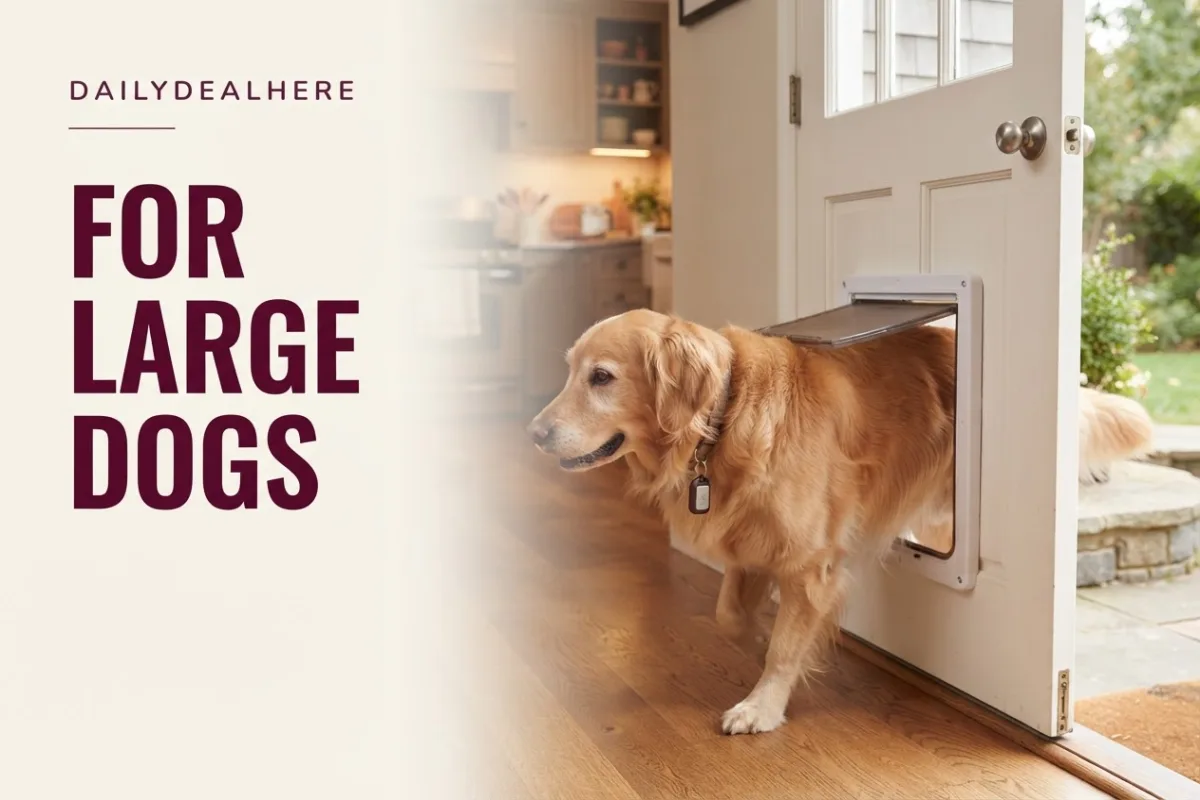 Large dog with a collar key walking through a large electronic pet door