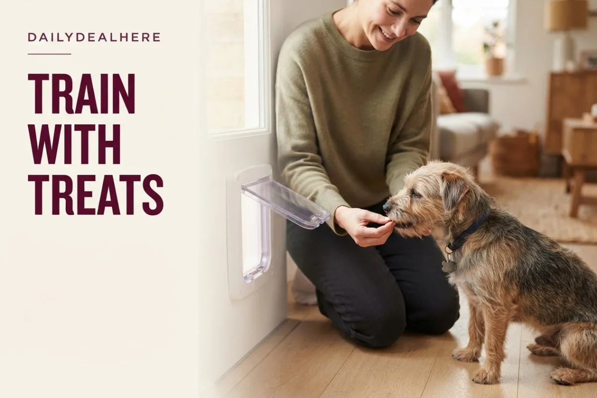 Person holding a pet flap open and offering a treat to a small dog