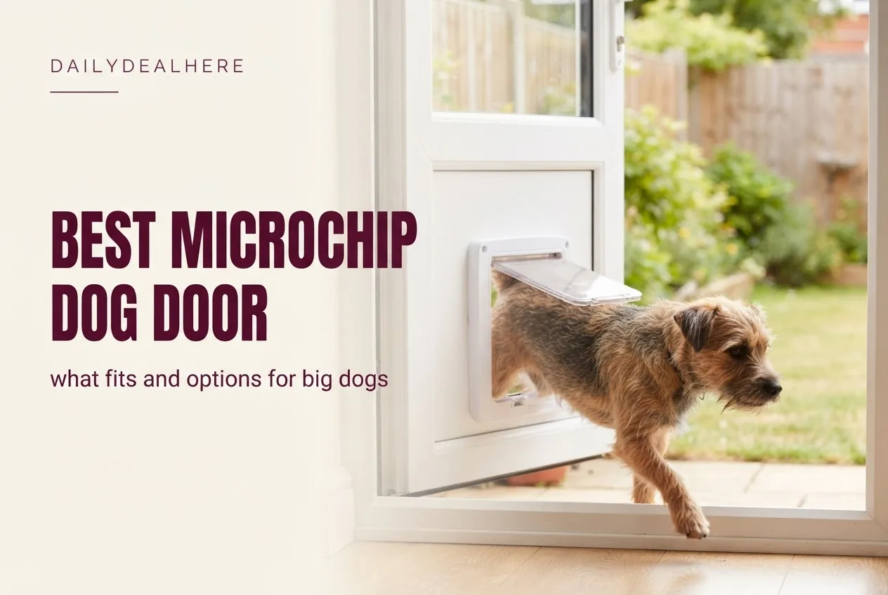 Small dog walking through a pet flap in a back door