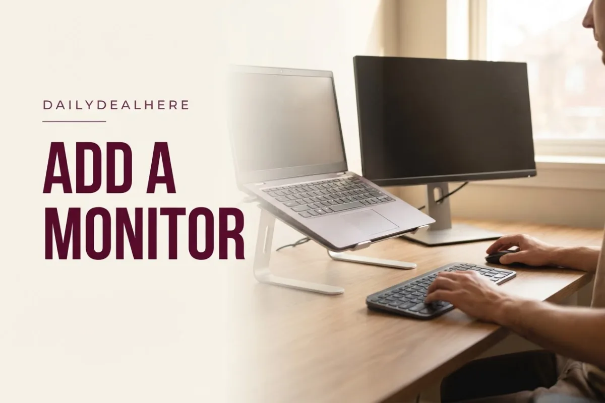 Laptop on a stand beside an external monitor with a separate keyboard