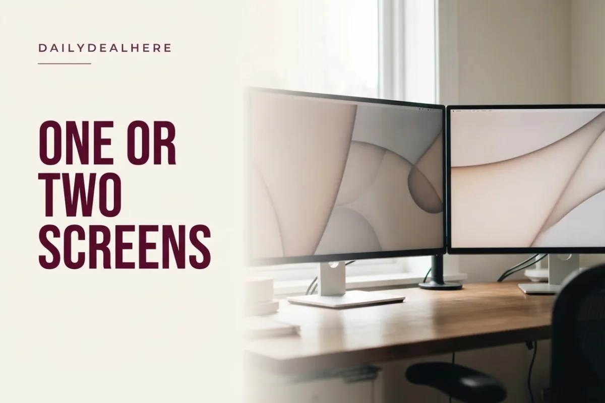 Two monitors side by side angled into a shallow semicircle