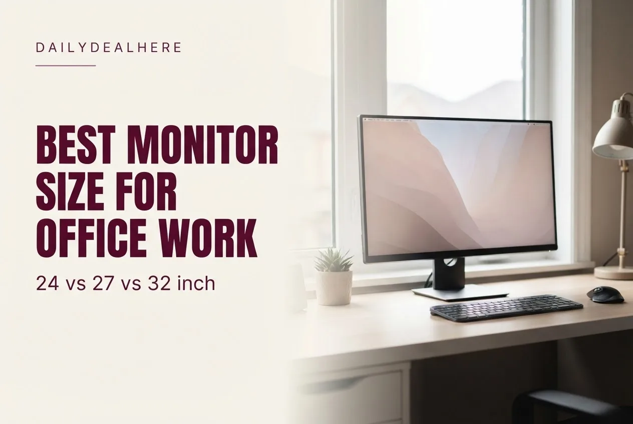 Home office desk with a large monitor, keyboard and plant