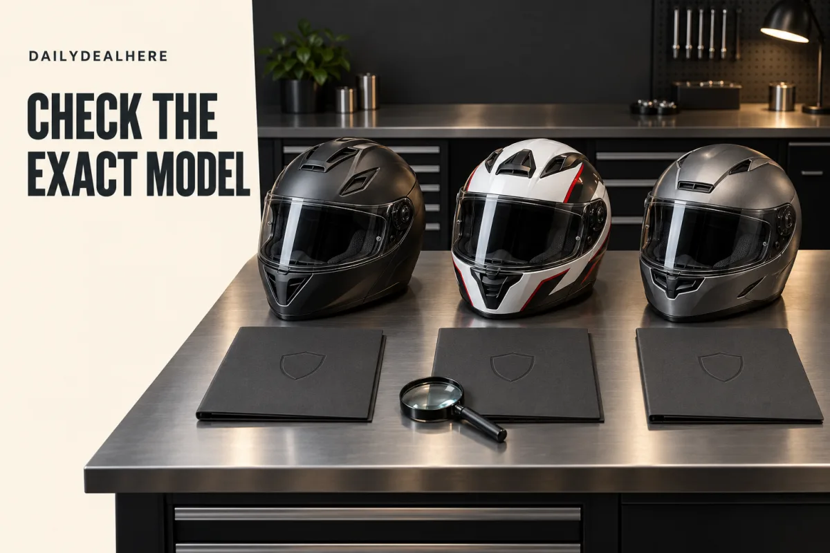 Check the exact model: three helmets from different lines on a steel bench with spec cards and a magnifying glass