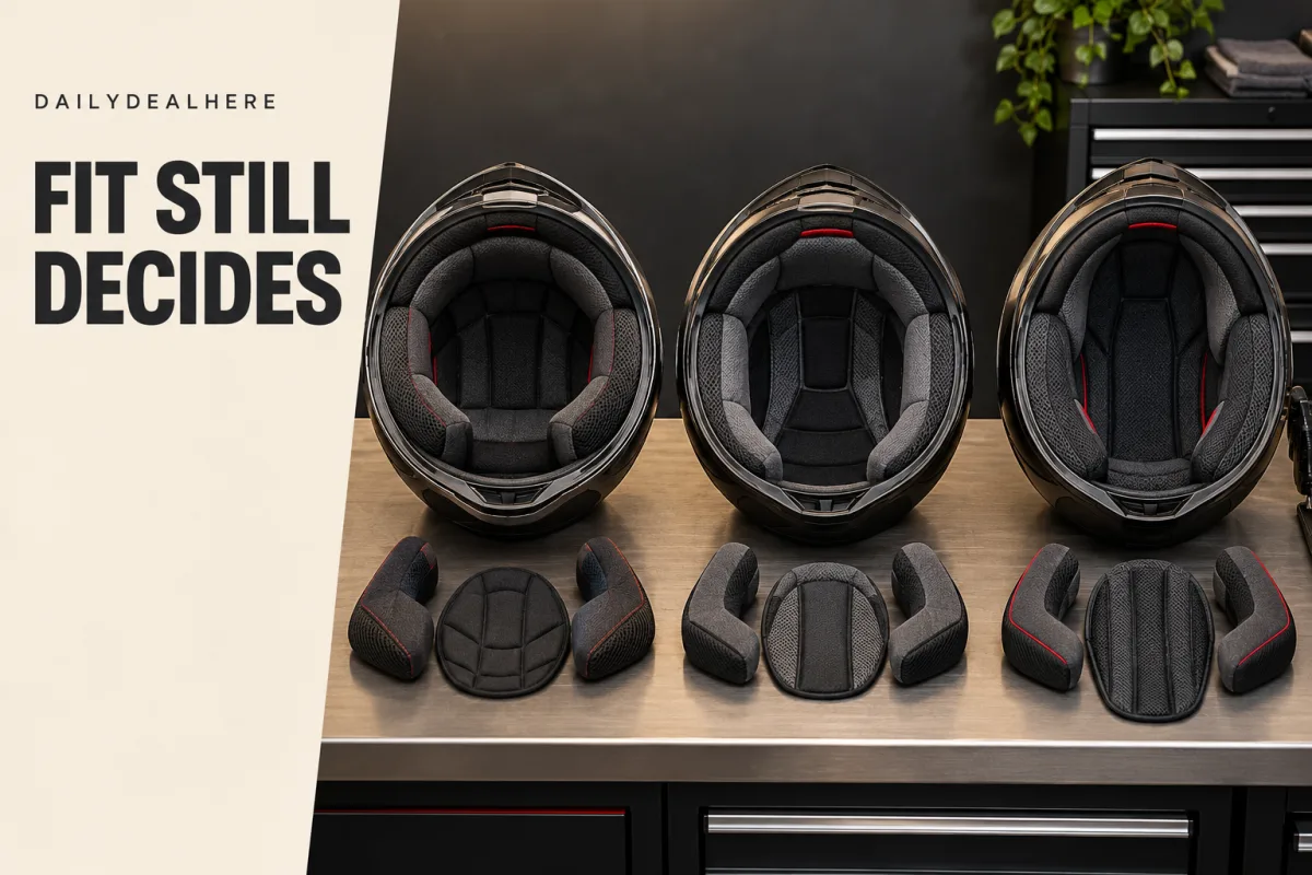 Fit still decides: three helmet shells with their removable cheek pads and liners laid out in front