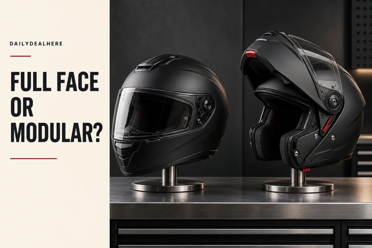Full face or modular: a full face helmet next to a modular helmet with its chin bar raised