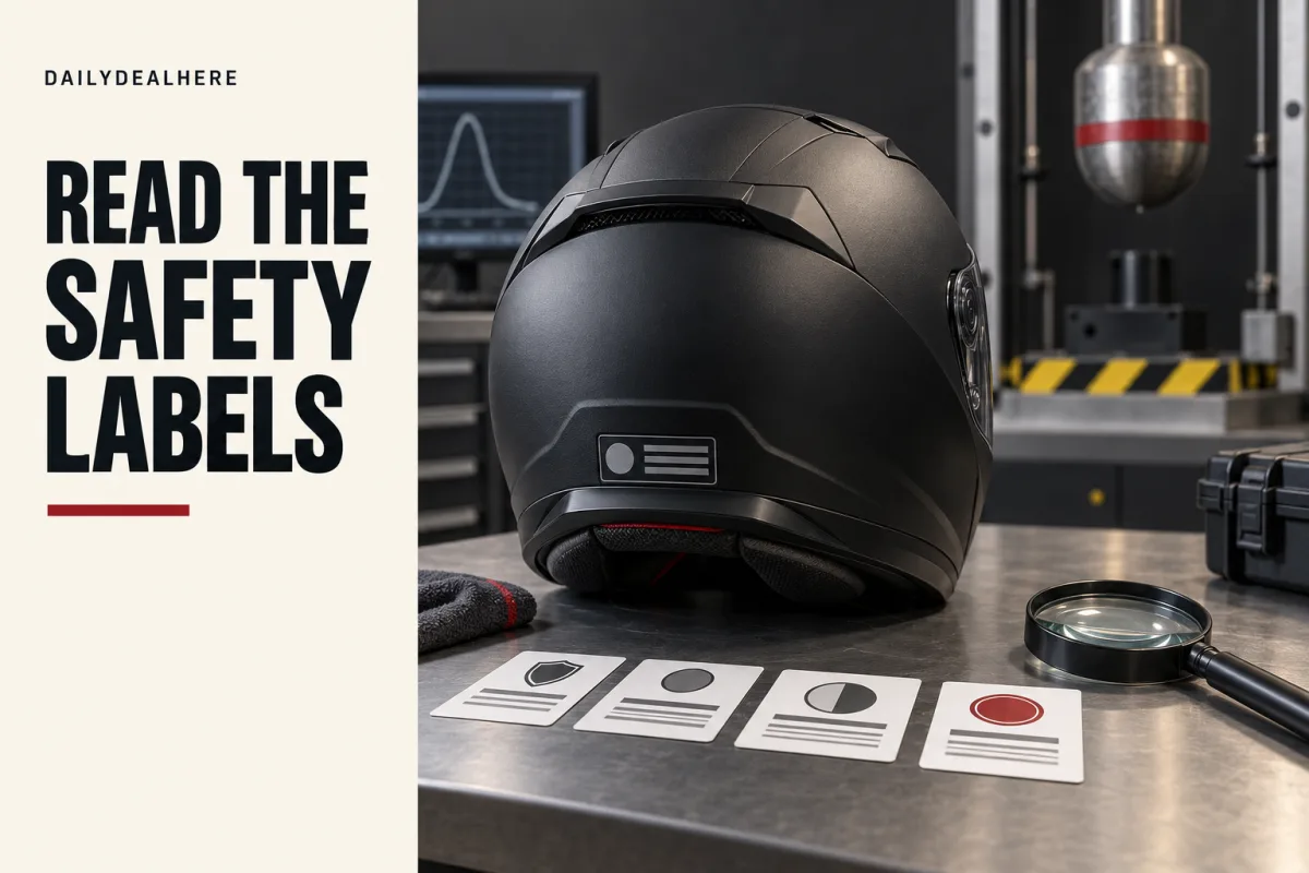 Read the safety labels: a matte black helmet with its certification label, sample label cards and a magnifying glass on a test bench