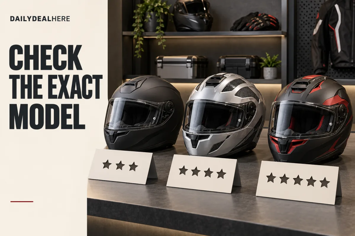 Check the exact model: three helmets on a workbench with three, four and five star rating cards in front of them