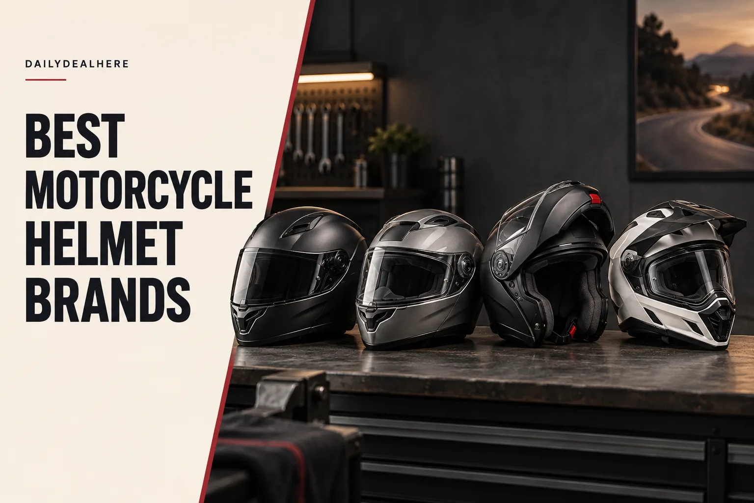 Best motorcycle helmet brands: four full face, modular and adventure helmets lined up on a garage workbench